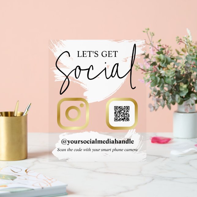 White Brushstrokes Faux Gold Let's Get Social Acrylic Sign (Wedding)