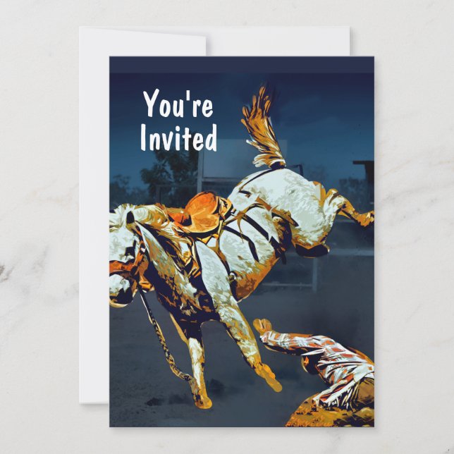 White Bucking Bronco and Cowboy at Rodeo Invitation (Front)