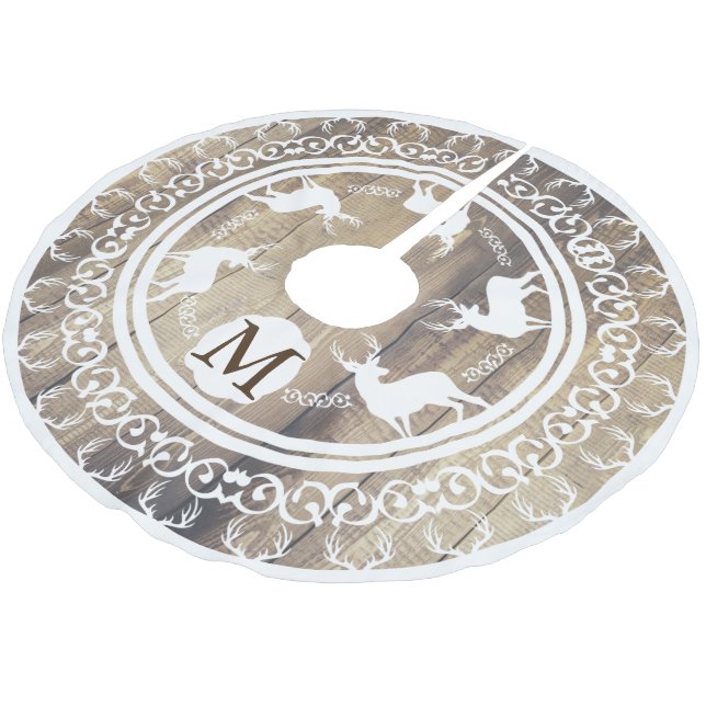 White Bucks Antlers Light Wood Planks Monogrammed Brushed Polyester Tree Skirt (Angled)