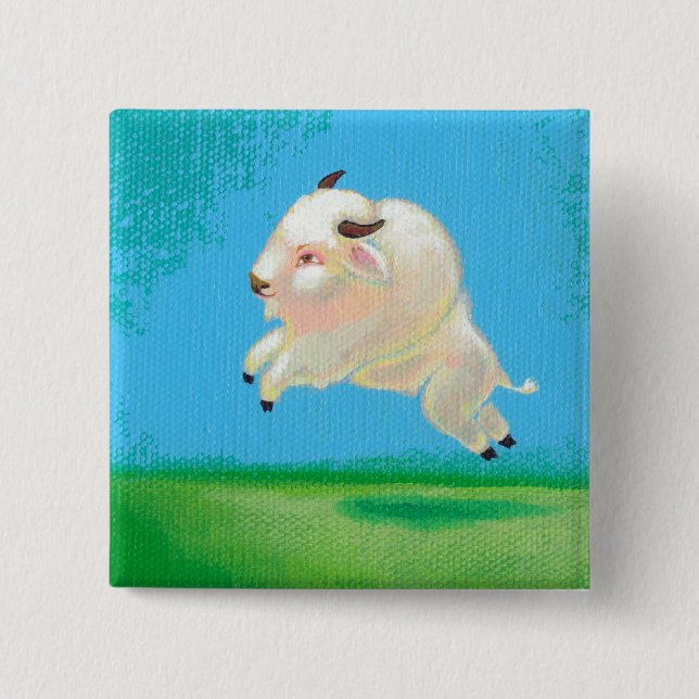 White buffalo art fun happy leaping bison painting 15 cm square badge (Front)