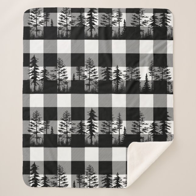  White Buffalo Plaid Woodland Forest Tree Line Sherpa Blanket (Front)