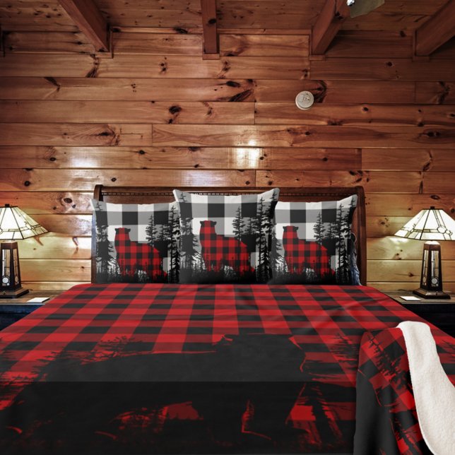 White Buffalo Plaid Woodland Pine Forest Bear Cushion (White Buffalo Plaid Woodland Pine Forest Bear Throw Pillow)