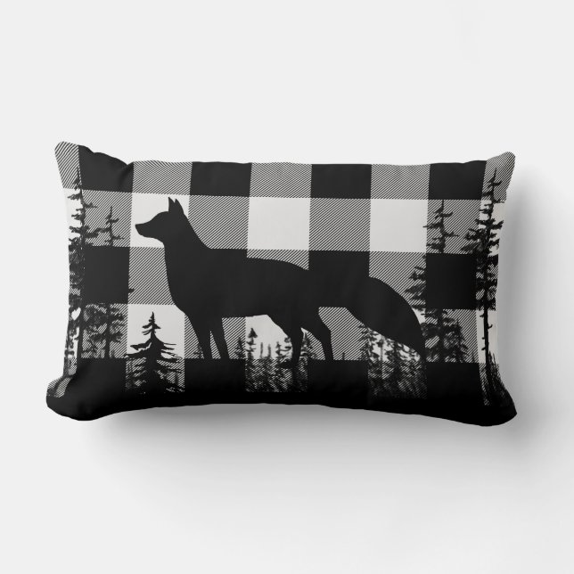White Buffalo Plaid Woodland Pine Forest Fox Lumbar Cushion (Front)
