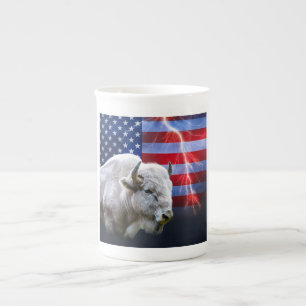 White Buffalo With An American Flag And Lightning Bone China Mug