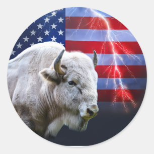 White Buffalo With An American Flag And Lightning Classic Round Sticker