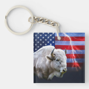 White Buffalo With An American Flag And Lightning Key Ring