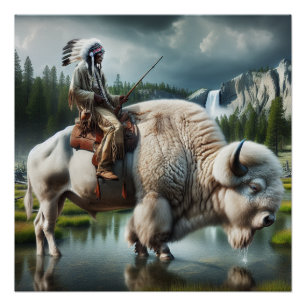 White Buffalo Yellowstone Park With Indian Art Poster
