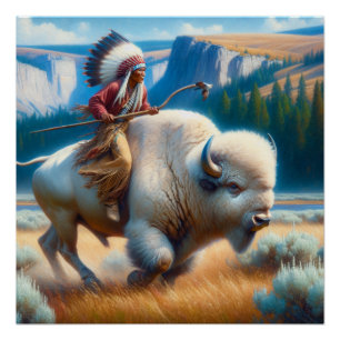 White Buffalo Yellowstone Park With Indian Art Poster