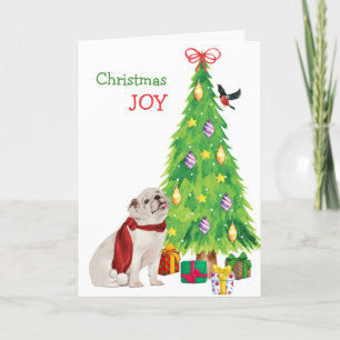 White Bulldog, Bird, and Christmas Tree Holiday Card