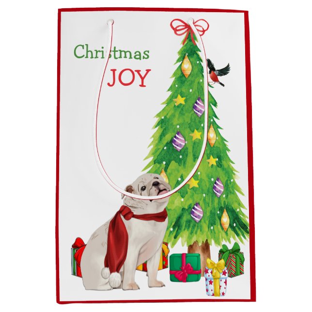 White Bulldog, Bird, and Christmas Tree Medium Gift Bag (Front)
