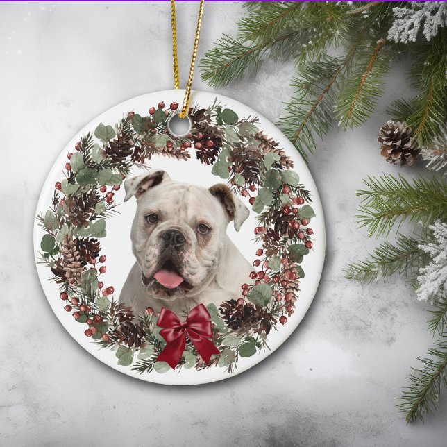 White Bulldog Pinecone Wreath Personalised Ceramic Ornament (Creator Uploaded)
