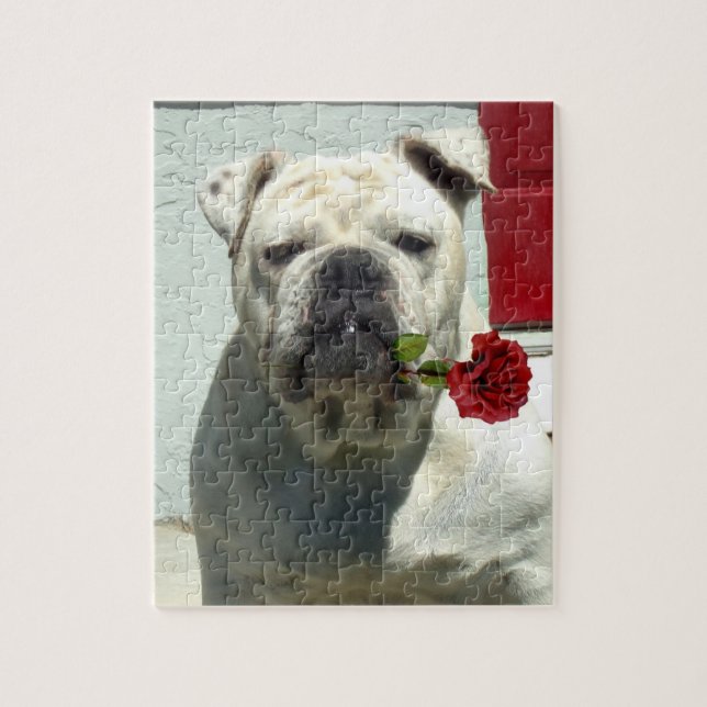 White Bulldog with rose Jigsaw Puzzle (Vertical)
