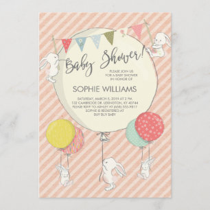 White Bunnies and Balloons Baby Girl Baby Shower Invitation