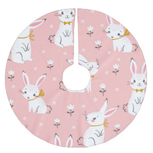 White Bunnies: Cute Floral Seamless Brushed Polyester Tree Skirt
