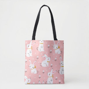 White Bunnies: Cute Floral Seamless Tote Bag