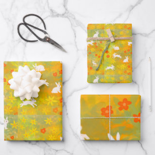 white bunnies in a meadow wrapping paper sheet