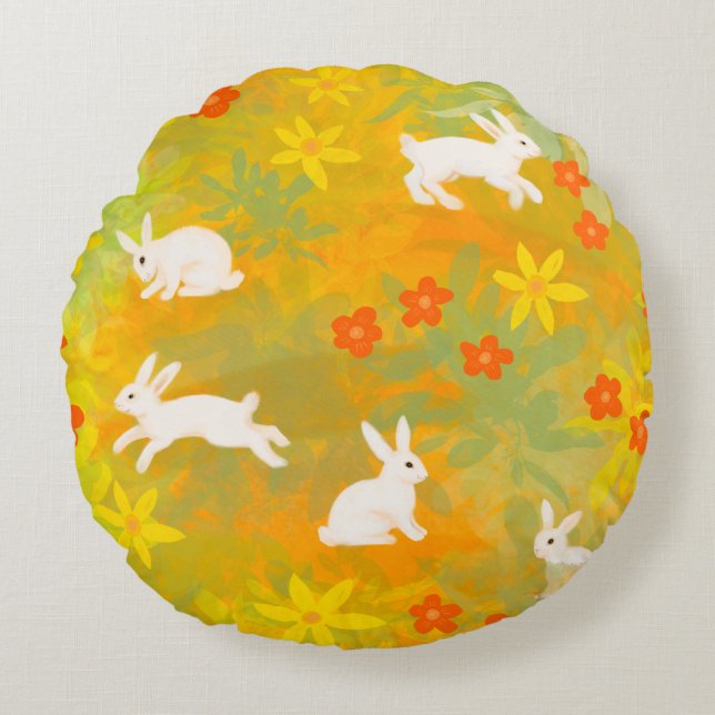 White bunnies on a flower field round cushion (Front)
