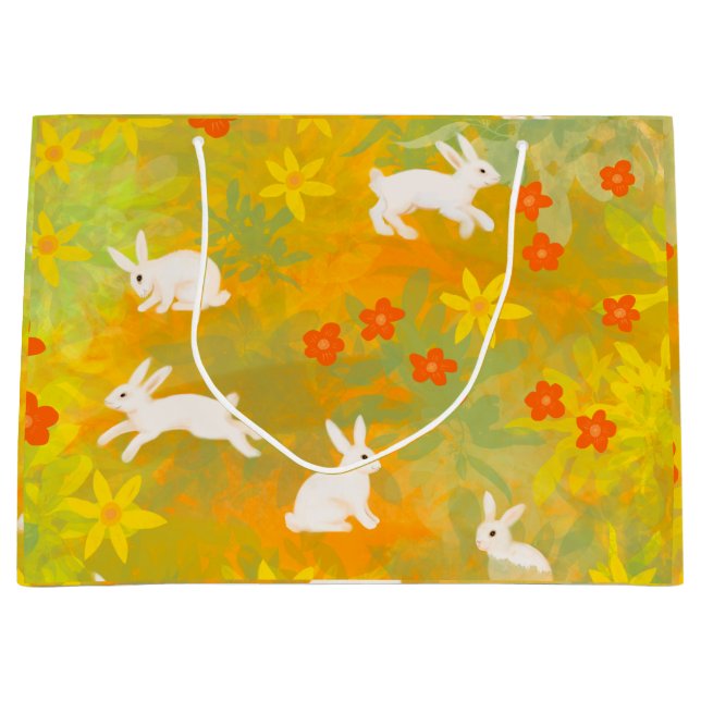 white bunnies on a meadow large gift bag (Front)