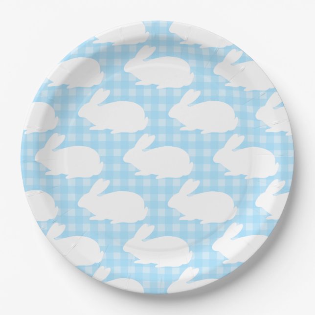 White Bunnies on Pastel Blue Gingham Pattern Paper Plate (Front)