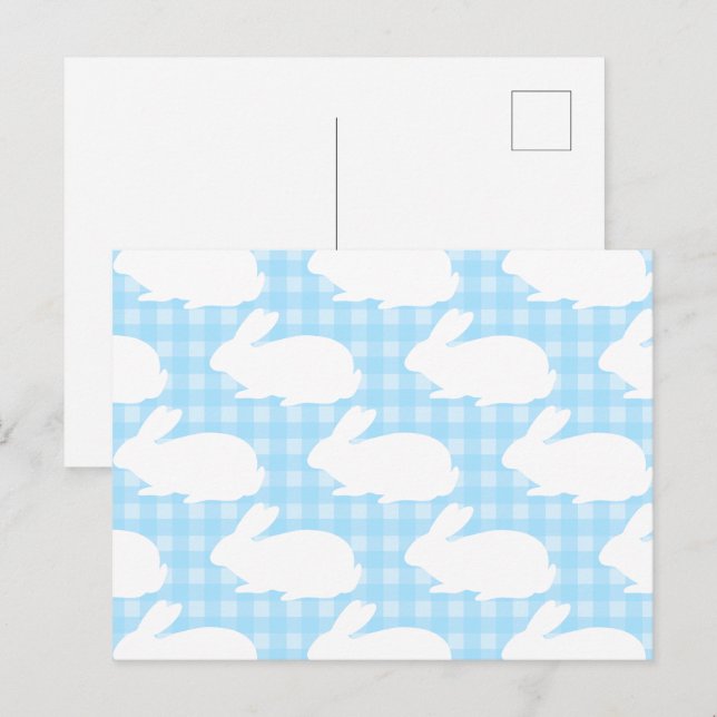 White Bunnies on Pastel Blue Gingham Pattern Postcard (Front/Back)