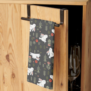White Bunnies & Spring Flowers Tea Towel