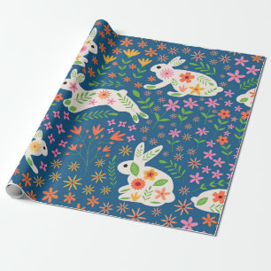 White Bunnies with Whimsical Colourful flowers   Wrapping Paper