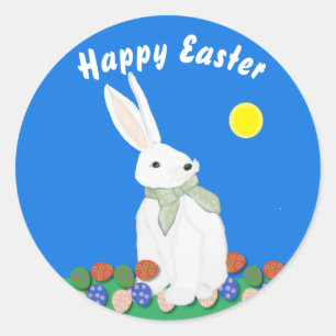 White Bunny and Eggs Classic Round Sticker