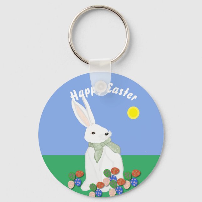 White Bunny and Eggs  Key Ring (Front)