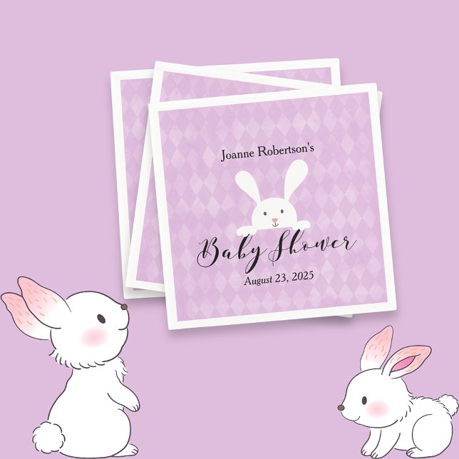 White Bunny Baby Shower Modern | Purple Argyle Napkin (Creator Uploaded)