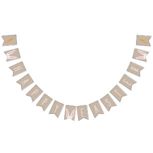 White Bunny Ears And Carrots Happy Easter Beige Bunting