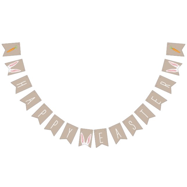 White Bunny Ears And Carrots Happy Easter Beige Bunting (All)