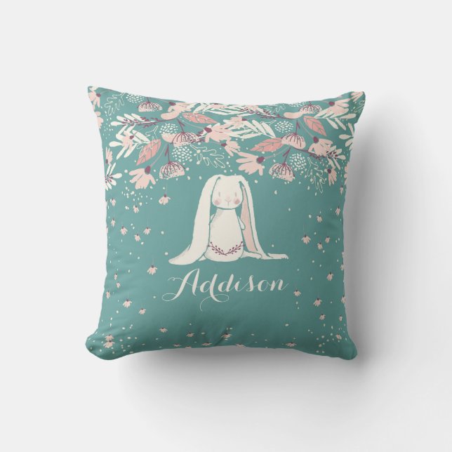 White Bunny & Flowers | Custom Name Cushion (Front)
