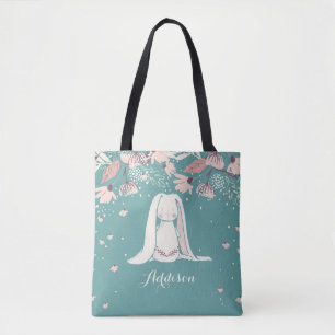 White Bunny & Flowers   Custom Name Tote Bag