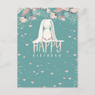 White Bunny & Flowers   Happy Birthday Postcard