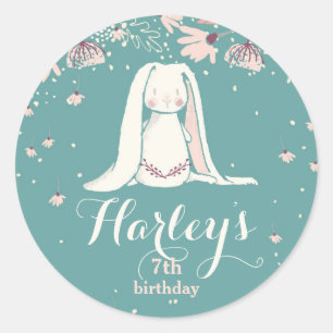 White Bunny & Flowers   Kids Birthday Classic Round Sticker