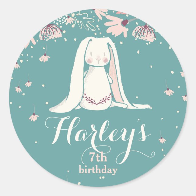 White Bunny & Flowers | Kids Birthday Classic Round Sticker (Front)