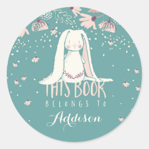 White Bunny & Flowers This Book Belongs To Classic Round Sticker
