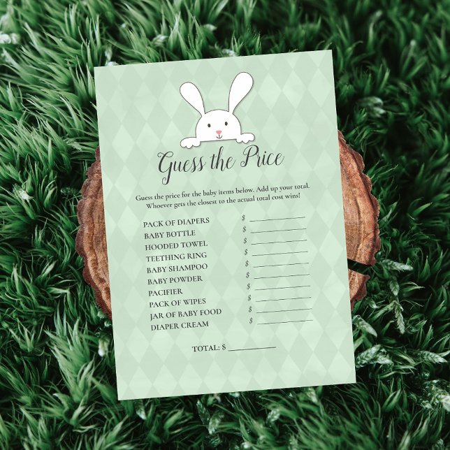 White Bunny Green Guess The Price Baby Shower Game Invitation (Creator Uploaded)