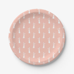 White Bunny Happy Easter Girly Pink Pastel Spring Paper Plate