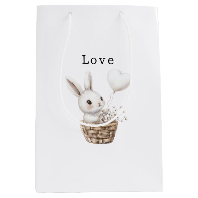 White Bunny Hearts in a Basket Baby Shower Medium Gift Bag (Front)