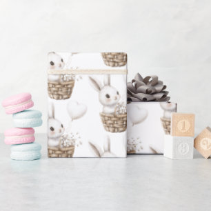 White Bunny Hearts in a Basket Baby Shower Wrapping Paper