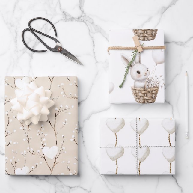 White Bunny Hearts in a Basket Baby Shower Wrapping Paper Sheet (Front)