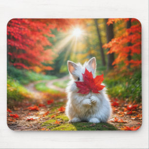 White Bunny Hiding Behind a Red Maple Leaf Mouse Pad