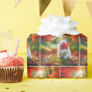 White Bunny Hiding Behind a Red Maple Leaf Wrapping Paper