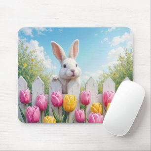 White Bunny In a Tulip Garden Mouse Pad