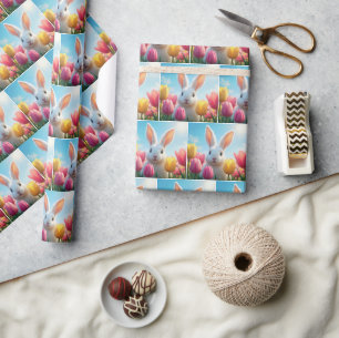 White Bunny In a Tulip Garden Wrapping Paper