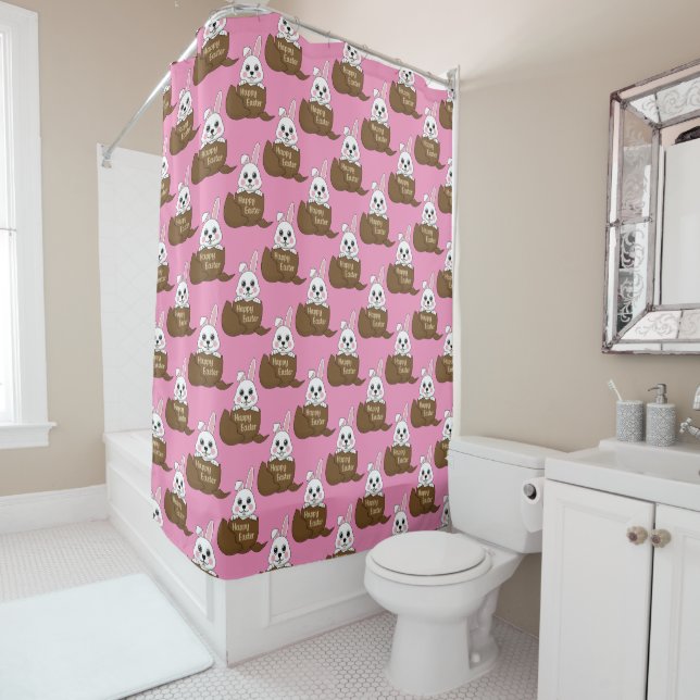 White Bunny in Chocolate Egg Happy Easter Pattern Shower Curtain (In Situ)