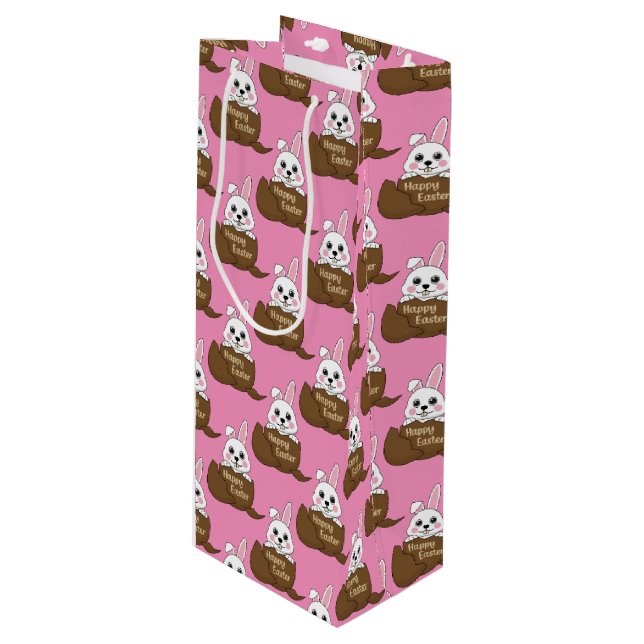 White Bunny in Chocolate Egg Happy Easter Pattern Wine Gift Bag (Front Angled)