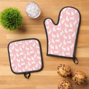 White Bunny Pattern On Blush Pink Adorable Easter Oven Mitt & Pot Holder Set