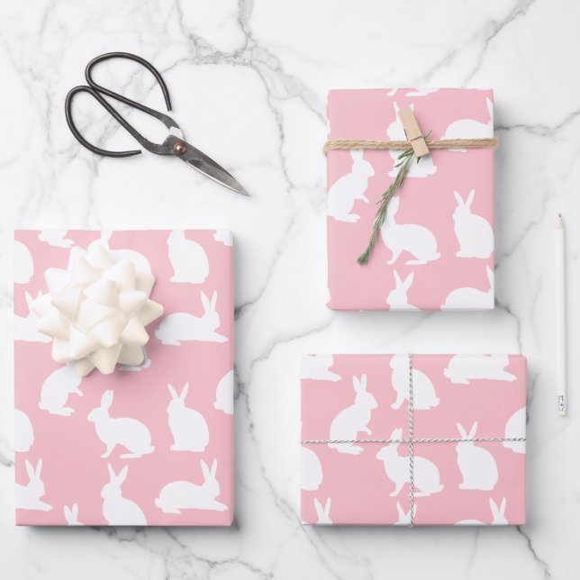 White Bunny Pattern On Blush Pink Adorable Easter Wrapping Paper Sheet (Front)